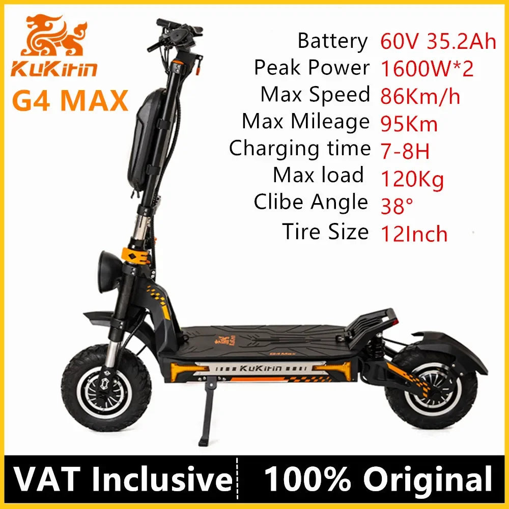 Original KuKirin G4 Max Off-Road Electric Scooter 2*1600W Motor 60V 35.2Ah 95km Max Range 86km/h Speed foldable Kick EScooter