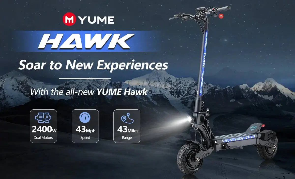 YUME HAWK Electric Scooter,  1200W*2 Powerful Motor 60V 22.5Ah Battery 70km/h Max Speed 10x3.15' Tubeless Tires Adult Escooter.
