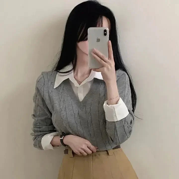 Mode Winter Gestrickte Pullover Frauen Casual V-ausschnitt Pullover Alle-spiel Weibliche Kleidung Lose Gefälschte Zwei Artikel Kurze Tops Jumper