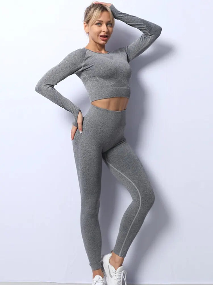 Women Yoga 2 Pieces Workout Outfits Seamless High Waist Leggings Sports Crop Top Running Clothes Sets
