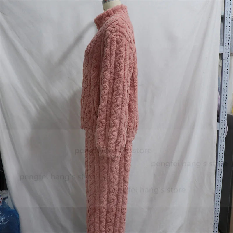 Thick Coral Fleece Pajamas Suit Women Long Sleeve Zip Top Pants Winter Autumn Warm Sleepwear Nightwear with Pocket Pjs.