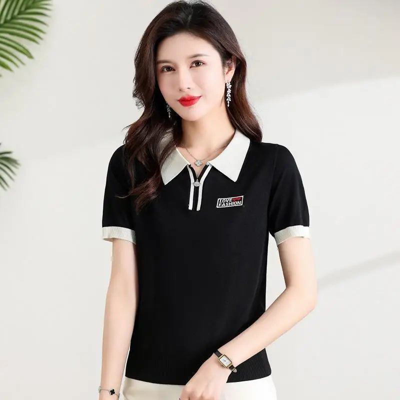 Fashionable polo collar middle-aged and elderly women's loose knitwear thin casual short-sleeved T-shirt.