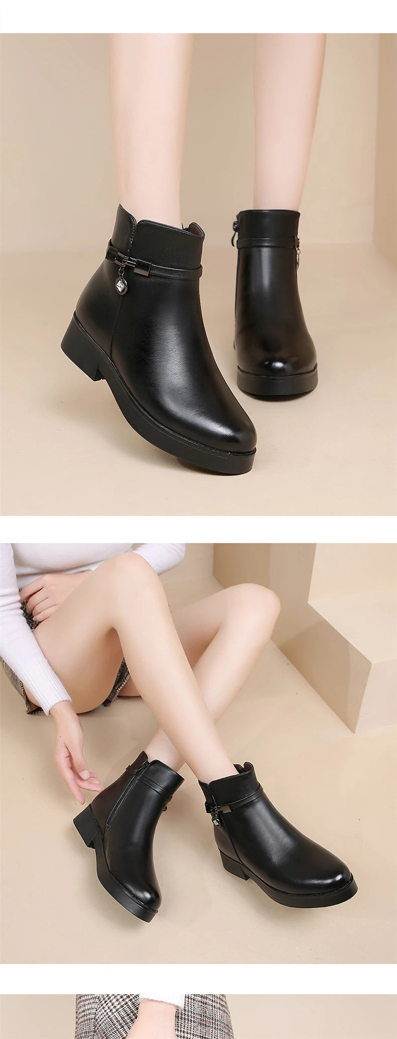 WOIZGIC Women Mother Female Ladies Genuine Leather Ankle Shoes Boots Platform Wool Plush Warm Fur Winter Zipper Plus Size 42 43.