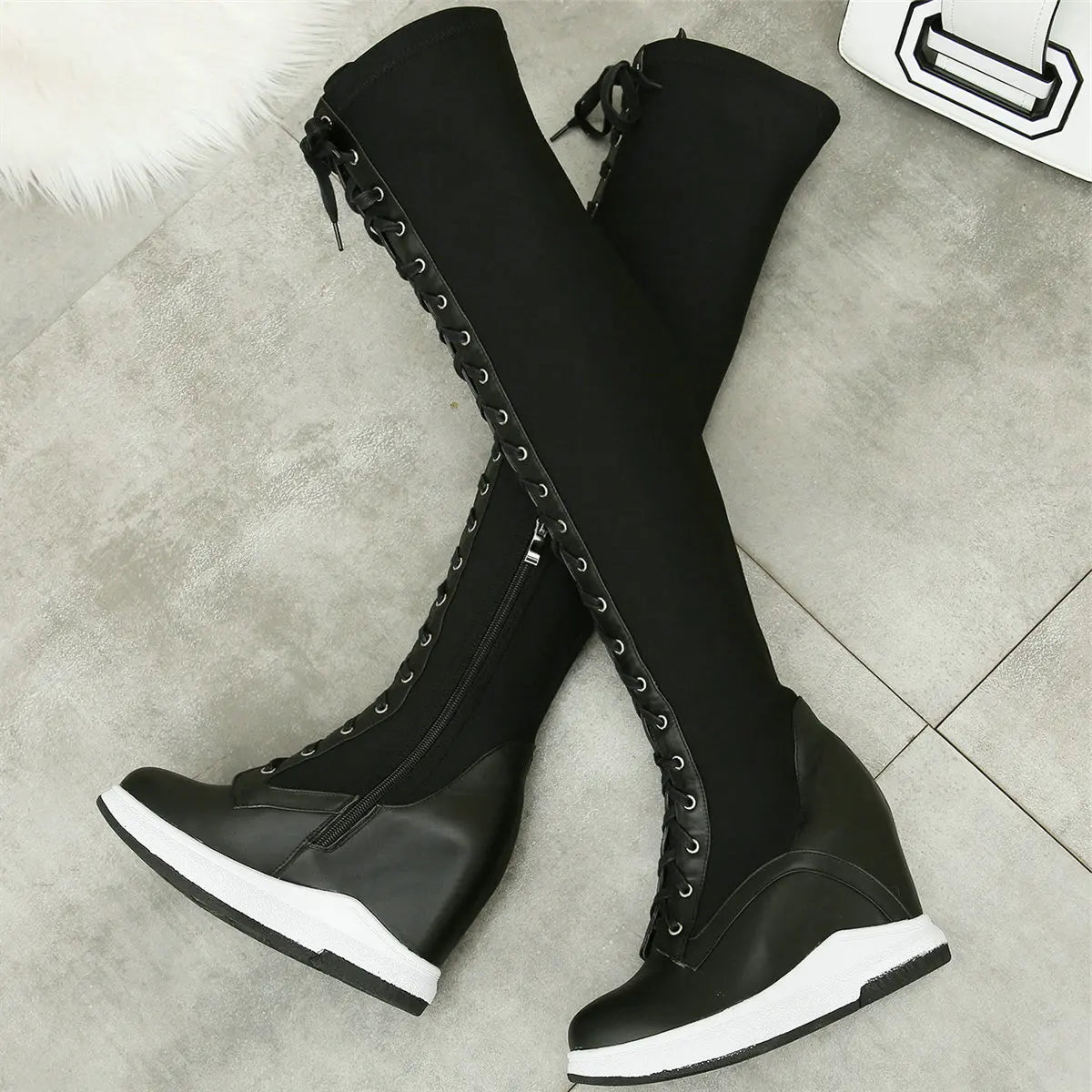 High Heel Pumps Plus Size 45 Shoes Women Big Size 46 Genuine Leather Wedges Over The Knee Boots Stretch Fabric Fashion Sneakers.