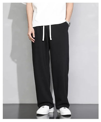 Men's Grey Loose-fit Straight-leg Casual Pants Summer Lightweight Draped Wide-leg Sweatpants For Men Comfortable Long Pants.