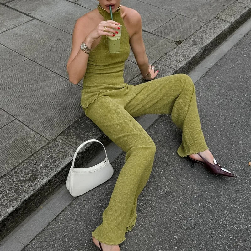 Tuularose Hanging Green Pants Set Sleeveless Backless Personality Temperament Commuter Two-piece Set Summer New Women Pants Set