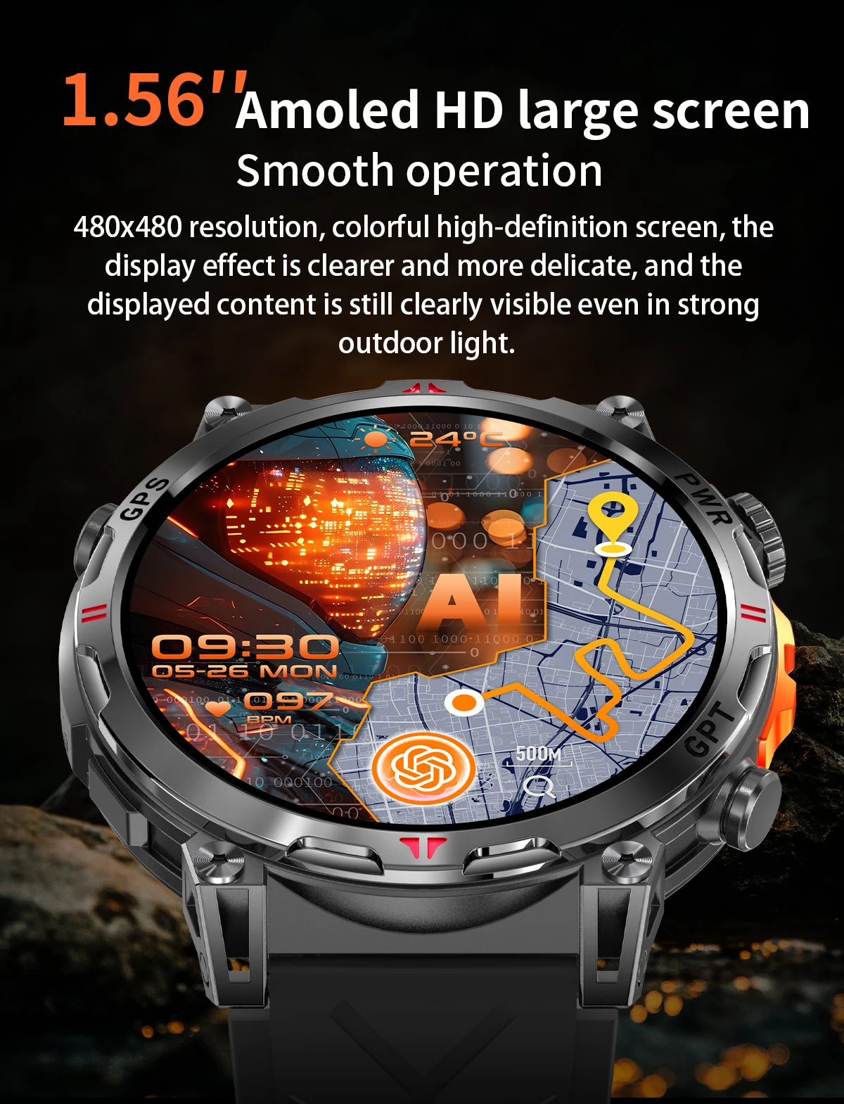 2025 GPS Sports Smart Watch GPT AMOLED 1.56 inch 488 * 488 Heart Rate Blood Oxygen Blood Pressure Monitoring 3ATM Smartwatches.