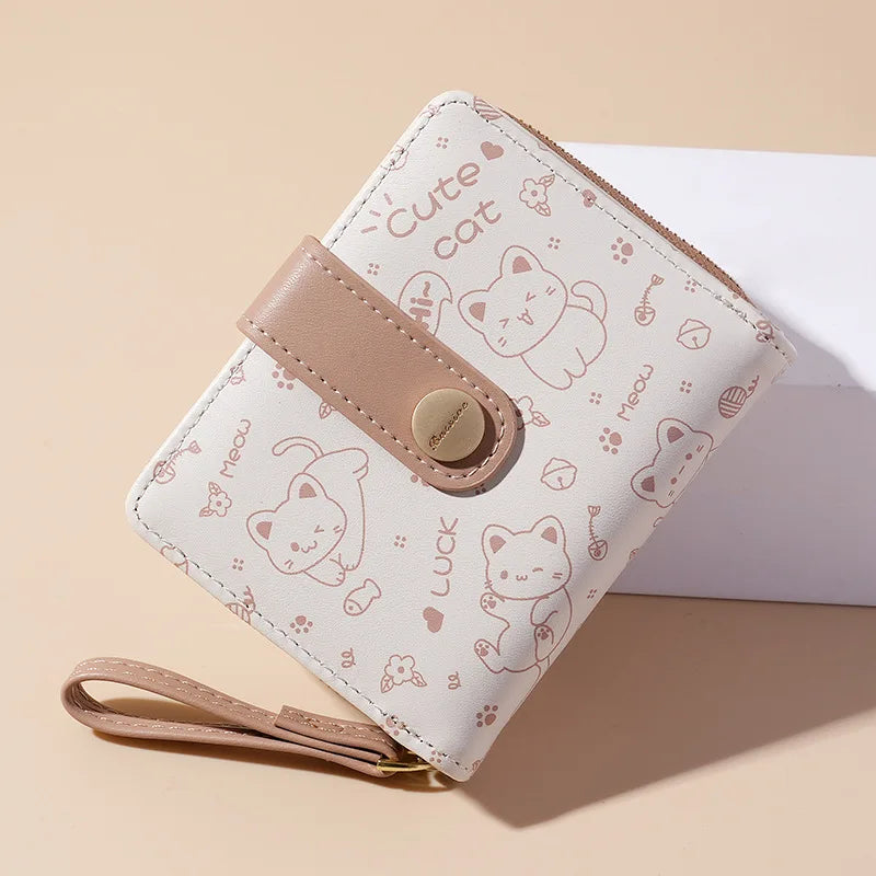 Japanese Cute Cat Girls Wallet Short Student ID Bank Card Holder Money Bag Zipper Wallets For Women Key Storage Purse Coin Purse.