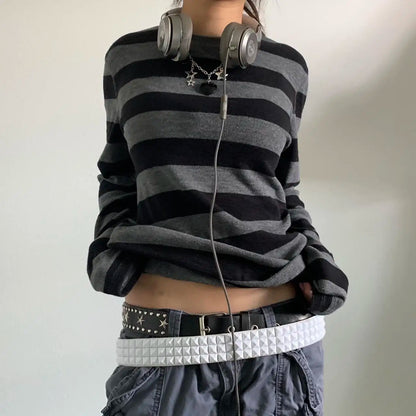 Women Fairy Grunge Knit Basic Shirt Autumn Y2K Grey Black Striped Long Sleeve Round Neck Tops Emo Tee.