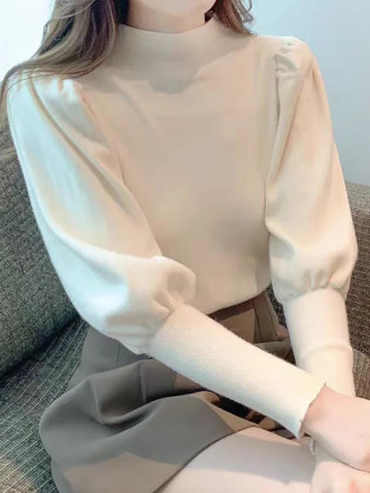 Herbst Winter Pullover Rollkragen Slim Fit Grundlegende Pullover Mode Koreanische Stricken Tops Puff Sleeve Damen Pullover Stretch Jumper.