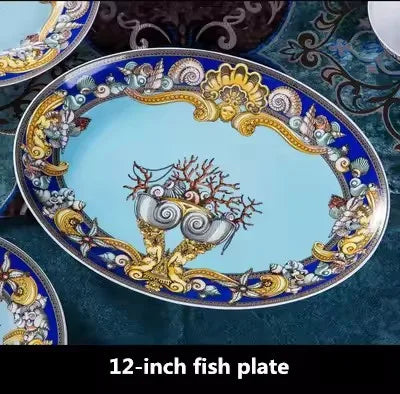 Luxury Blue Ocean Bone China Dishes Plates Western Clubhouse Upscale Heart Of The Sea Ceramic Tableware Decorative Plate