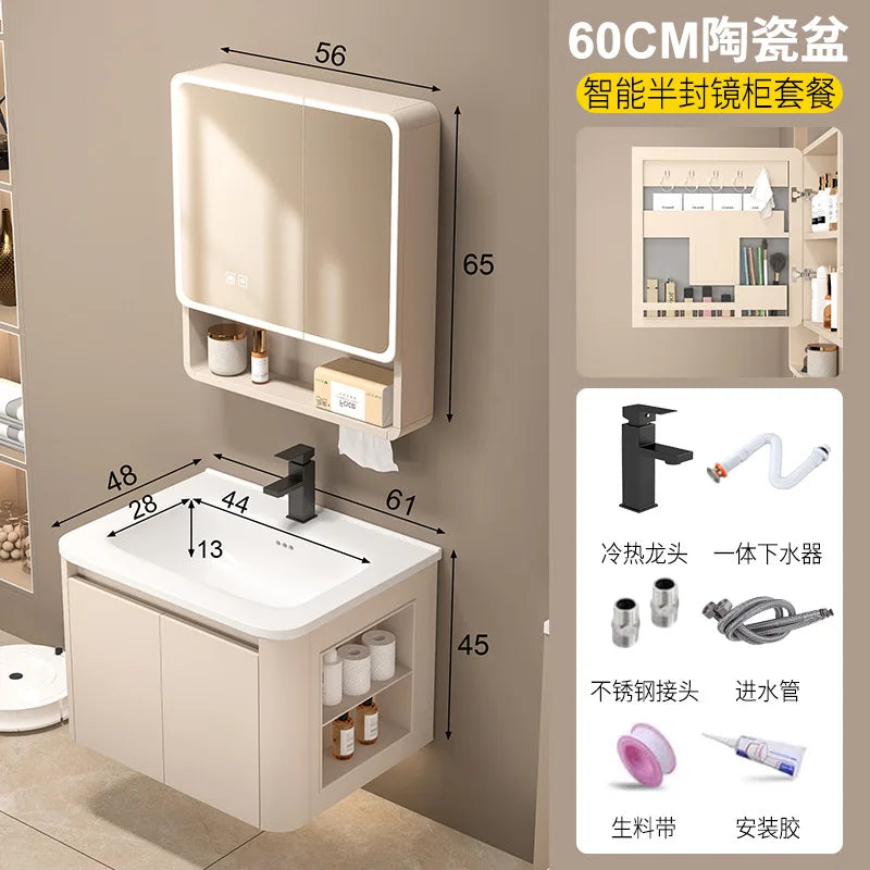 Space Badezimmerschrank aus Aluminium mit Wabenbogen und Seitenschrank, Waschbecken-Kombination, WC-Waschbecken, integrierte Keramik