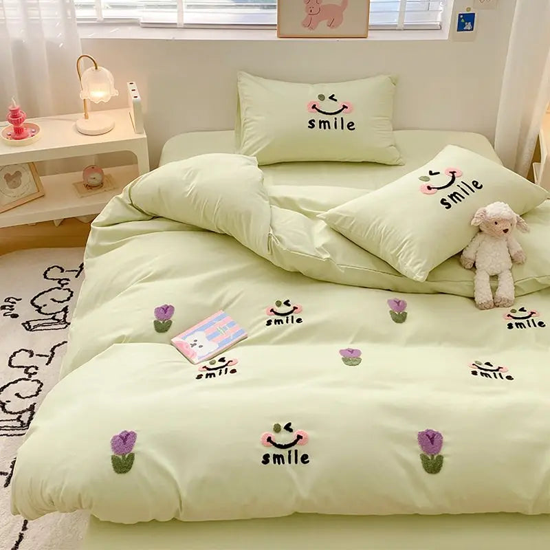 Ins Girly Heart Towel Embroidery Bedding Four-piece Set Soft Washed Cotton Bed Sheet Quilt Cover Three-piece Set