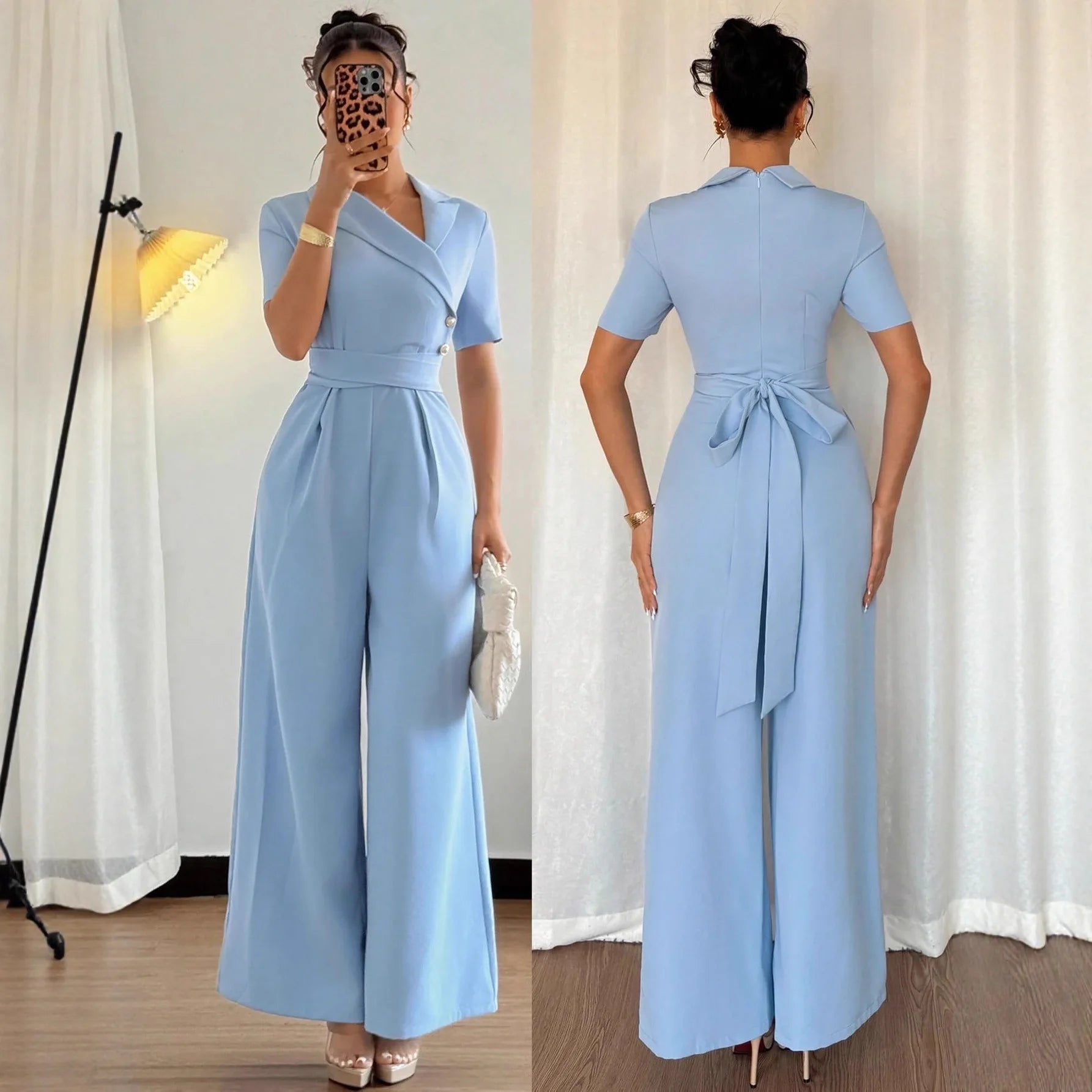 Elegant Blue Wrap Waist Belted Slim Fit Jumpsuit for Women Spring Summer Commute Style Polyester Fabric Three Quarter Sleeve.