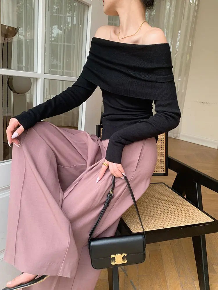 Slash Neck Pullover Frauen Tops Gestrickte Dünne Grundlegende Alle-spiel Sexy Elegante Off Schulter Herbst Winter Langarm Pullover weibliche.