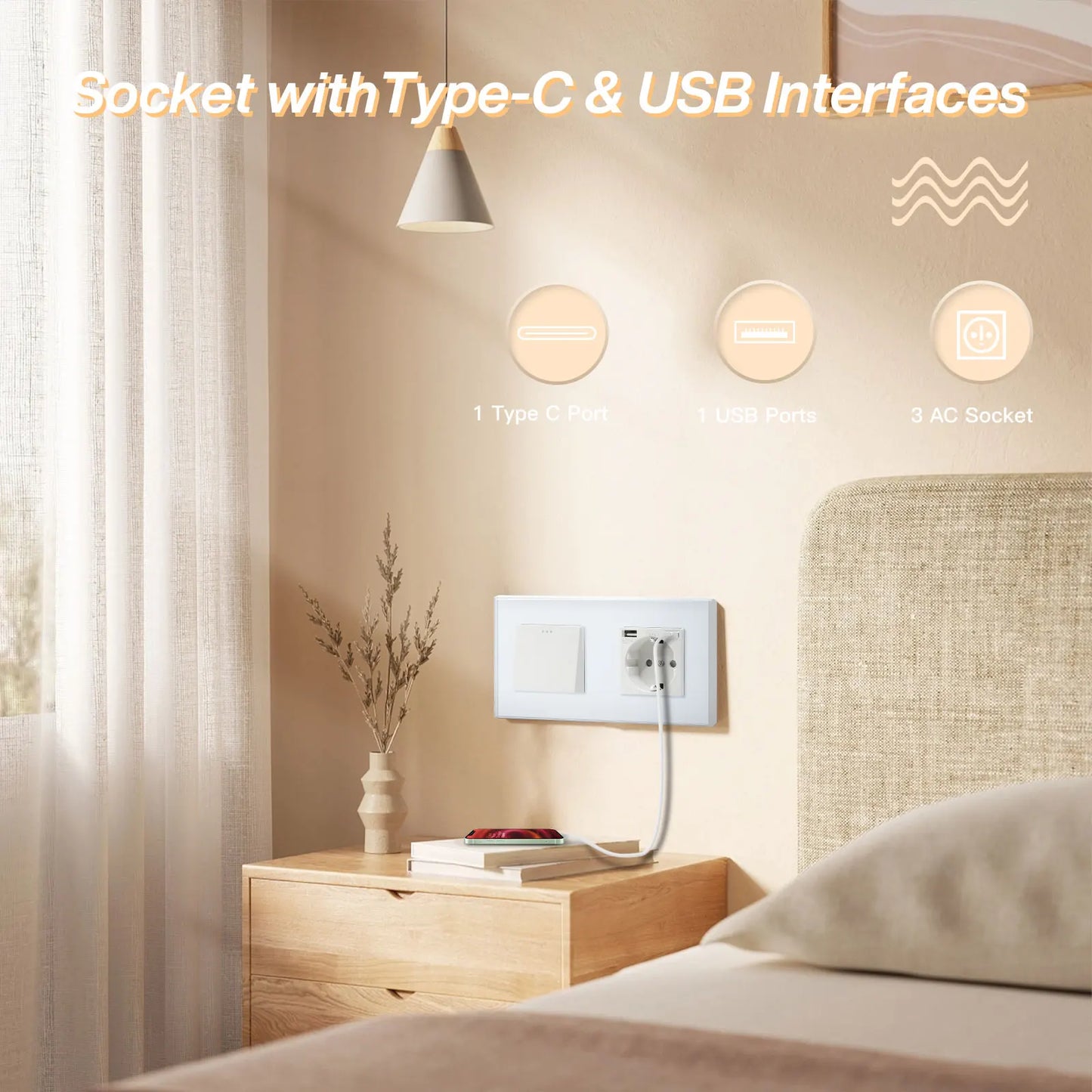 BSEED 1/2/3 Gang Wandschalter 2-Wege-Treppenlichtschalter Plus Typ-C USB-Buchse EU-Standard-Glasscheibe.