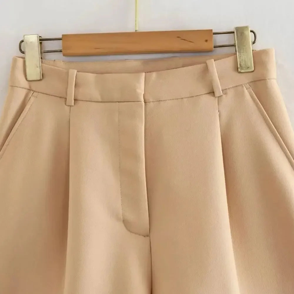 Mooyufon Women Fashion Side Pockets Front Darts Bermuda Shorts Vintage High Waist Zipper Fly Female Short Pants Mujer.