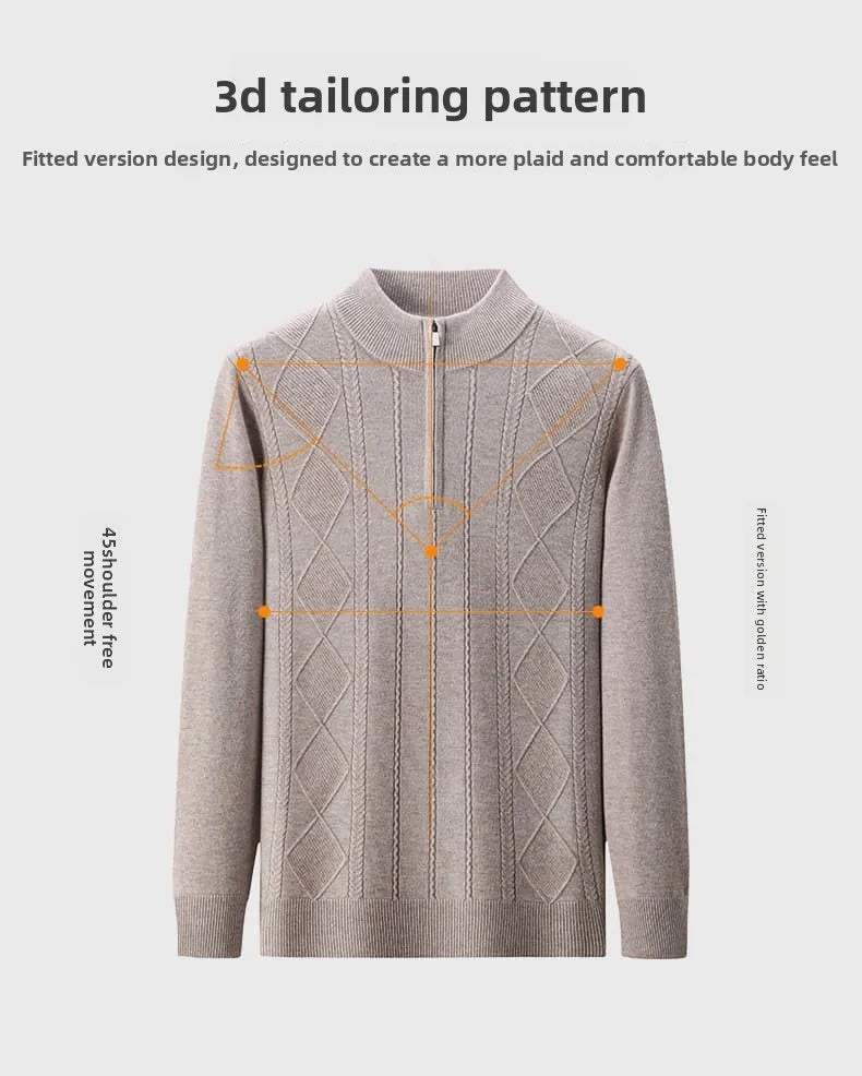 High End 100% Australia Wool Cashmere New Autum Winter Fashion Brand Casual Zip Up Men Pullover Knit Half Turtleneck Sweater.