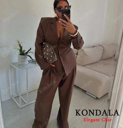 KONDALA Women Elegant Striped Blazer Suit Slim Button Blazer or Wide-leg Pants 2025 Spring Fall Fashion Mujer Commute Pants Set.