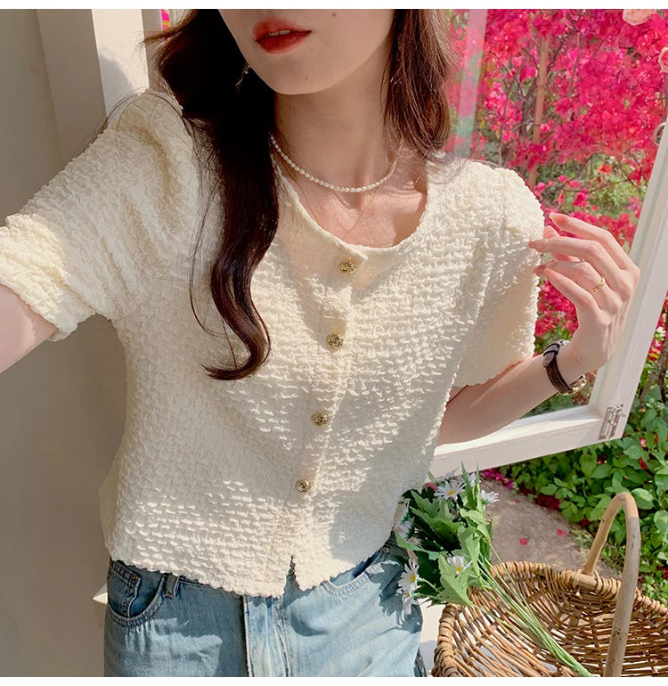 New Summer Short Sleeve O-Neck Women Shirt Sweet White Shirt Blouse Women Tops 2025 Blouses Shirts Blusas Para Mujer Blusa XL183.