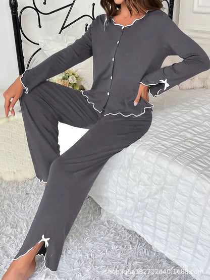 Europe hot-selling new pajamas black fungus edge long-sleeved trousers two-piece set comfortable high-end loungewear.
