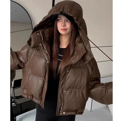 2024 Winter Neue frauen Unten Baumwolle Gefütterte Jacken Stilvolle Mit Kapuze Einfarbig Casual Verdicken Warme Lose anliegende kurze Mäntel