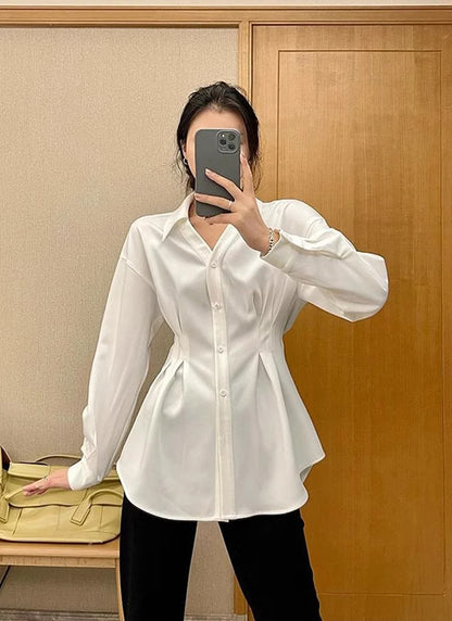 Waist Cinched Slimming Long Sleeve Shirts Women Spring Autumn All-Match Single Breasted Chic Shirt New Temperament Solid Tops.