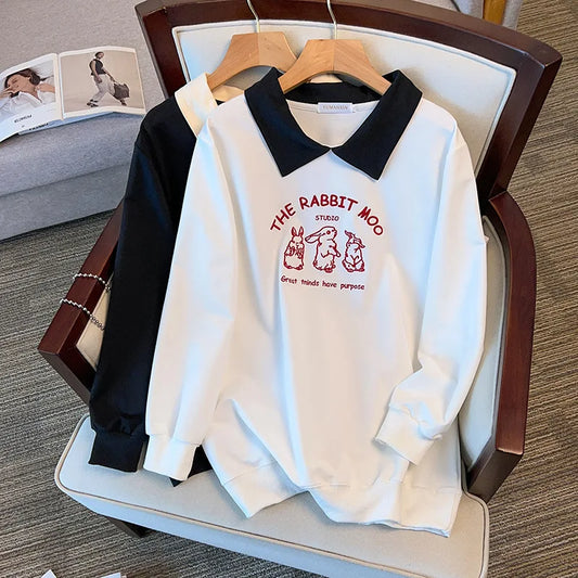 175kg plus size Damen büste Frühling Herbst loser Polo kragen Kaninchen besticktes Sweatshirt schwarz weiß 5xl 6xl 7xl 8xl 9xl.