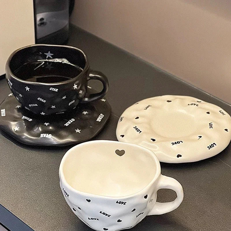 240ml Irregular Ceramic Coffee Cup and Saucer High Appearance Level Afternoon Teacup Office Home Milk Cup Water Cups for Couples.