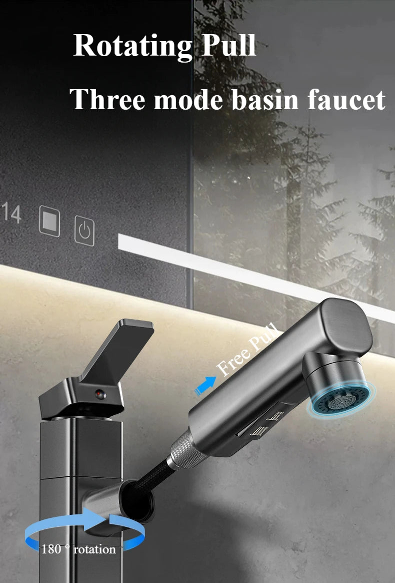 Pull Out Bathroom Faucet Hot and Cold Water Mixer Basin Sink Three Mode Water Outlet Faucet Washbasin Tap
