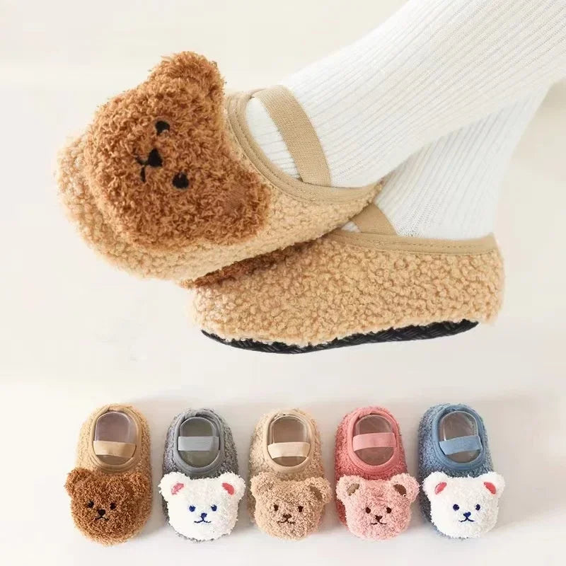 Warm Newborn First Walker for Boy Girl Cartoon Animal Bear Indoor Non-slip Floor Shoes Winter Fury Plush Floor Shoes