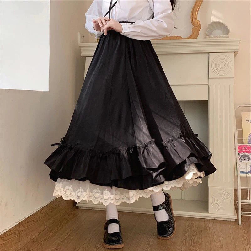 Fashion Sweet Midi Skirt Women Lace Patchwork Bow Preppy Fall Loose Casual Skirts Japanses Ruffle High Waist Solid Chic Skirt.