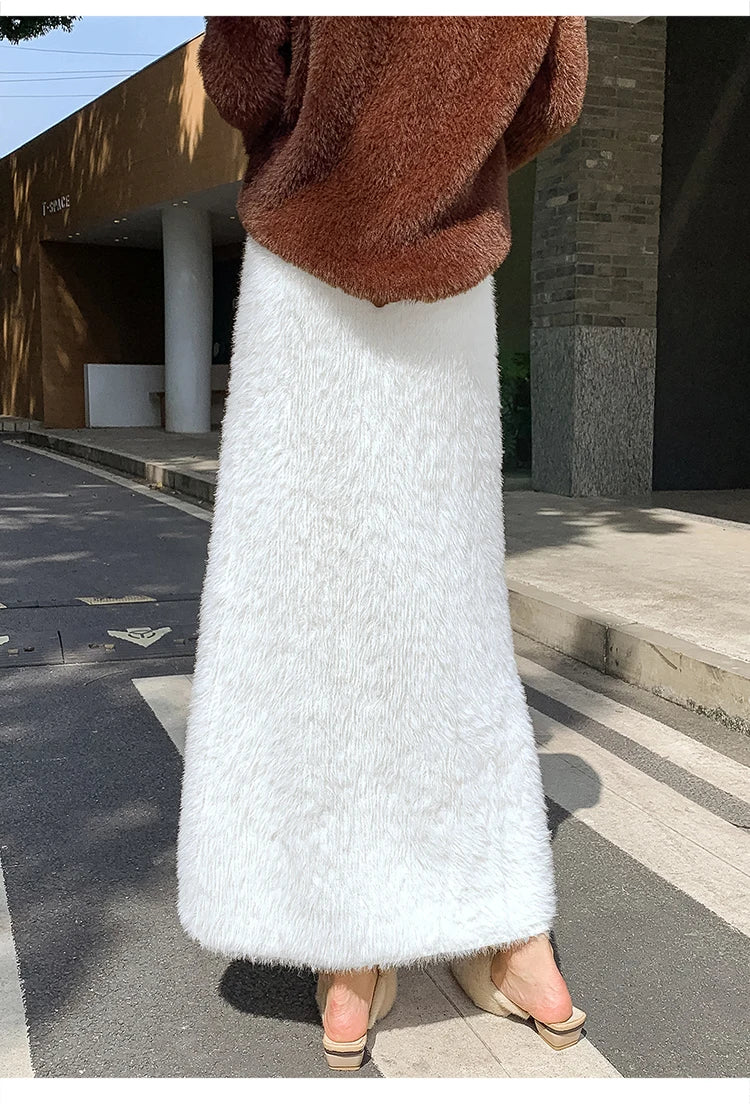 Autumn Winter New Knit Long Skirt Women Casual Thick Korean High Waist Soft A-Line Skirt.