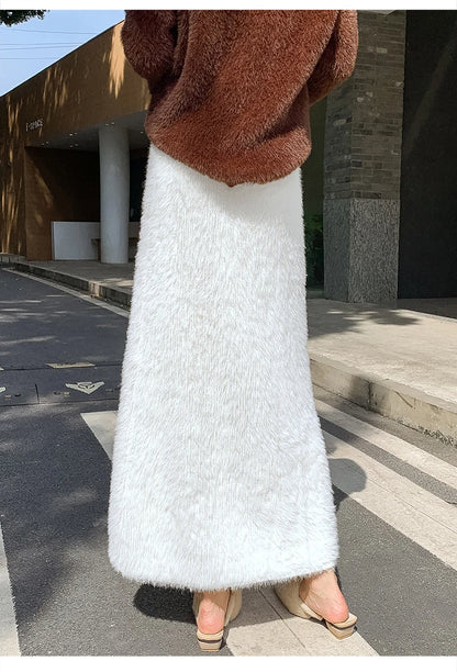 Autumn Winter New Knit Long Skirt Women Casual Thick Korean High Waist Soft A-Line Skirt.
