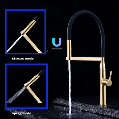 Luxury Brushed Gold Brass Pull Out Kitchen Faucet with Ceramic Cartridge Hot Cold Water Sink Tap Modern High End Sprayer Durable