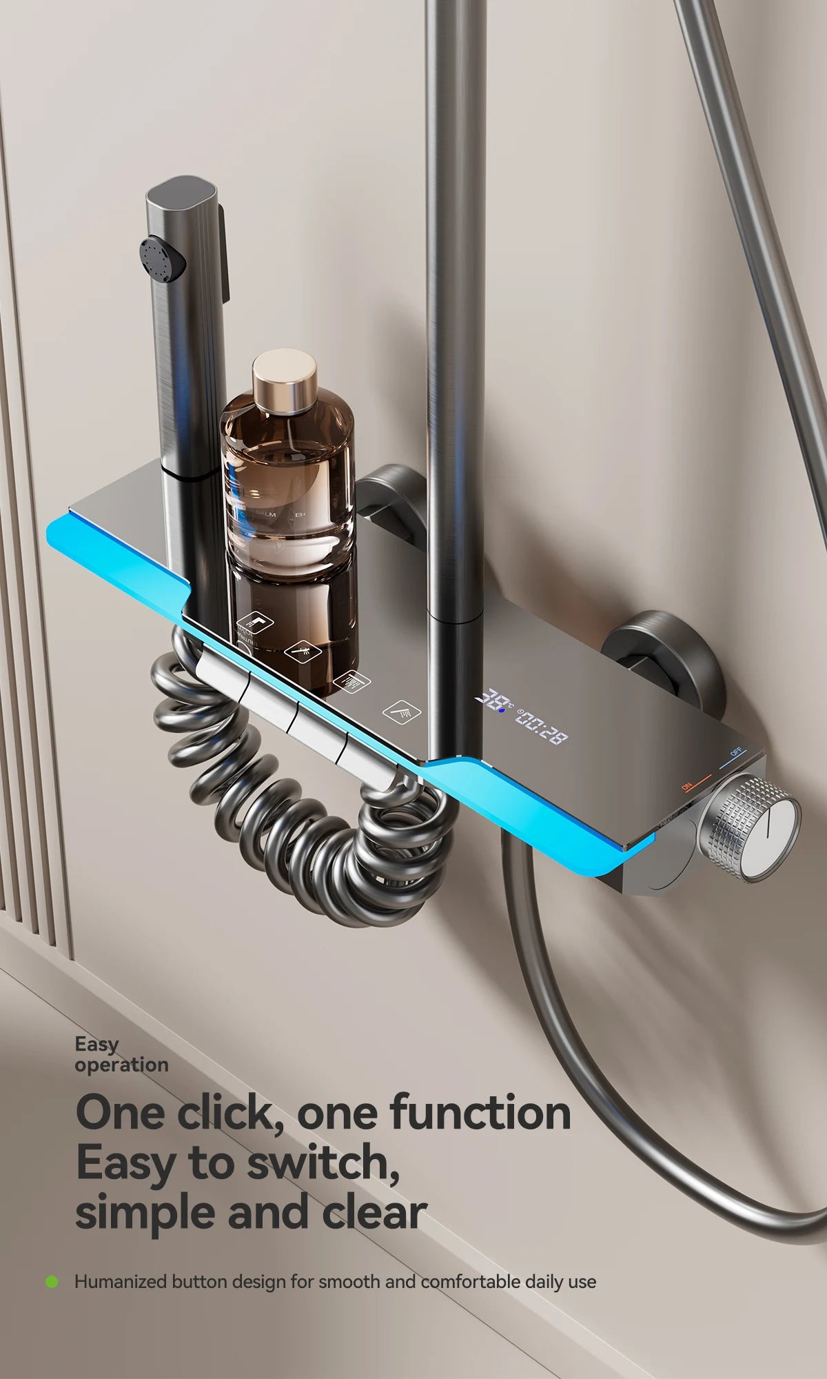 Space aluminum digital display atmosphere light shower shower set, 4-speed turbocharged bathroom shower