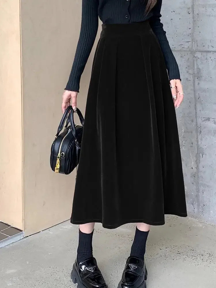 Autumn Winter Warm Vintage Red Elegant Velvet A-line Skirt For Women 2024 High Waist Casual Black Party Pleated Big Swing Skirts.