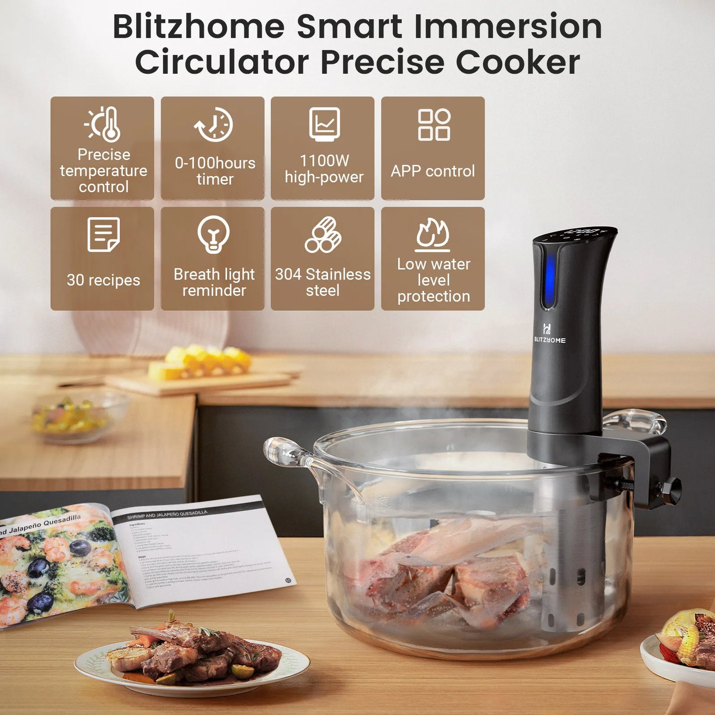 BlitzHome SV2209 1100W Sous Vide Cooker WIFI APP Control Thermal Immersion Circulator Machine with Digital LCD Display Time EU.