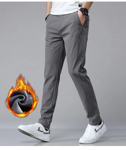 Korean Men's Warm Golf Pants Slim Straight Winter Thick Fleece Casual Pants Business Fashion Stretch Thermal Trousers Male.