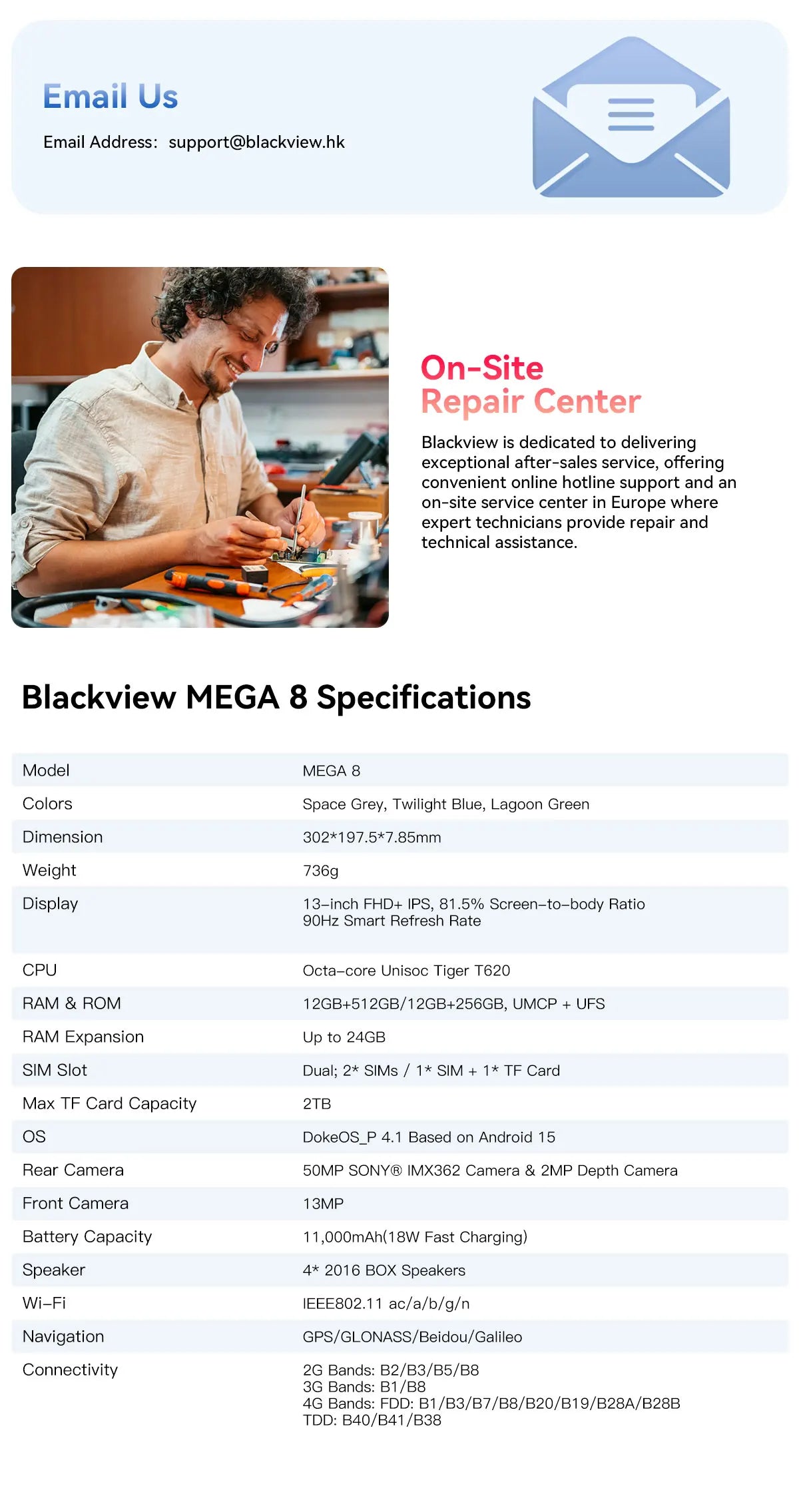 Blackview Mega 8 [No EU Charger] Tablet 11000mAh 13" FHD Display 36GB+512GB 50MP+13MP+0.08MP Android 15 90Hz 2K Dual SIM 4G 1080P