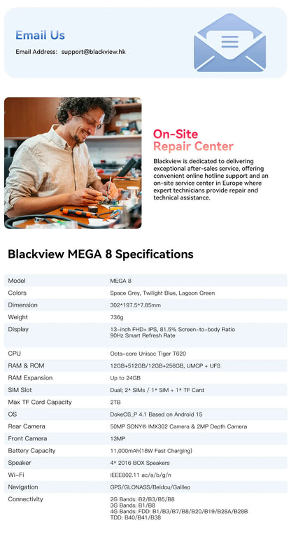 Blackview Mega 8 [No EU Charger] Tablet 11000mAh 13" FHD Display 36GB+512GB 50MP+13MP+0.08MP Android 15 90Hz 2K Dual SIM 4G 1080P