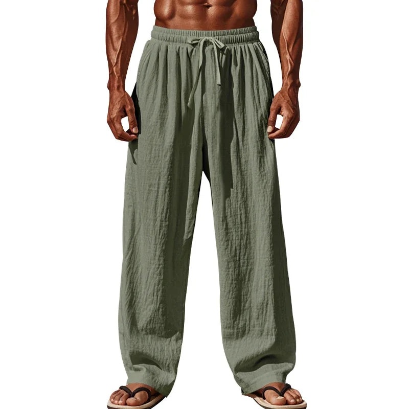 Men's Linen Casual Pants Elastic Waist Beach Pants Lightweight Drawstring Summer Yoga Pants Solid Color Beach Pants