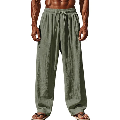 Men's Linen Casual Pants Elastic Waist Beach Pants Lightweight Drawstring Summer Yoga Pants Solid Color Beach Pants