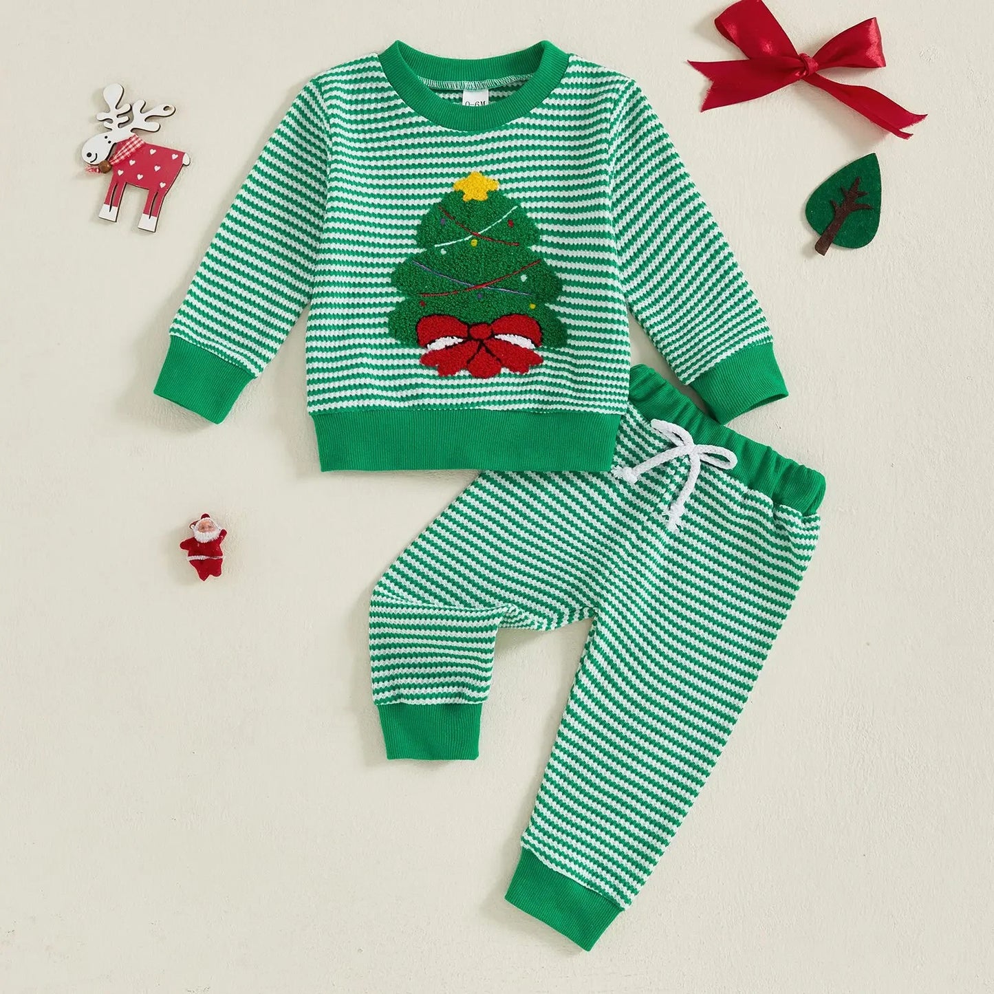 Weihnachts-Baby-Kleidung aus Baumwolle, 2-teiliges Set, 0–3 Jahre, gestreiftes Sweatshirt und Hose für Kleinkinder mit besticktem Weihnachtsbaum-Outfit.