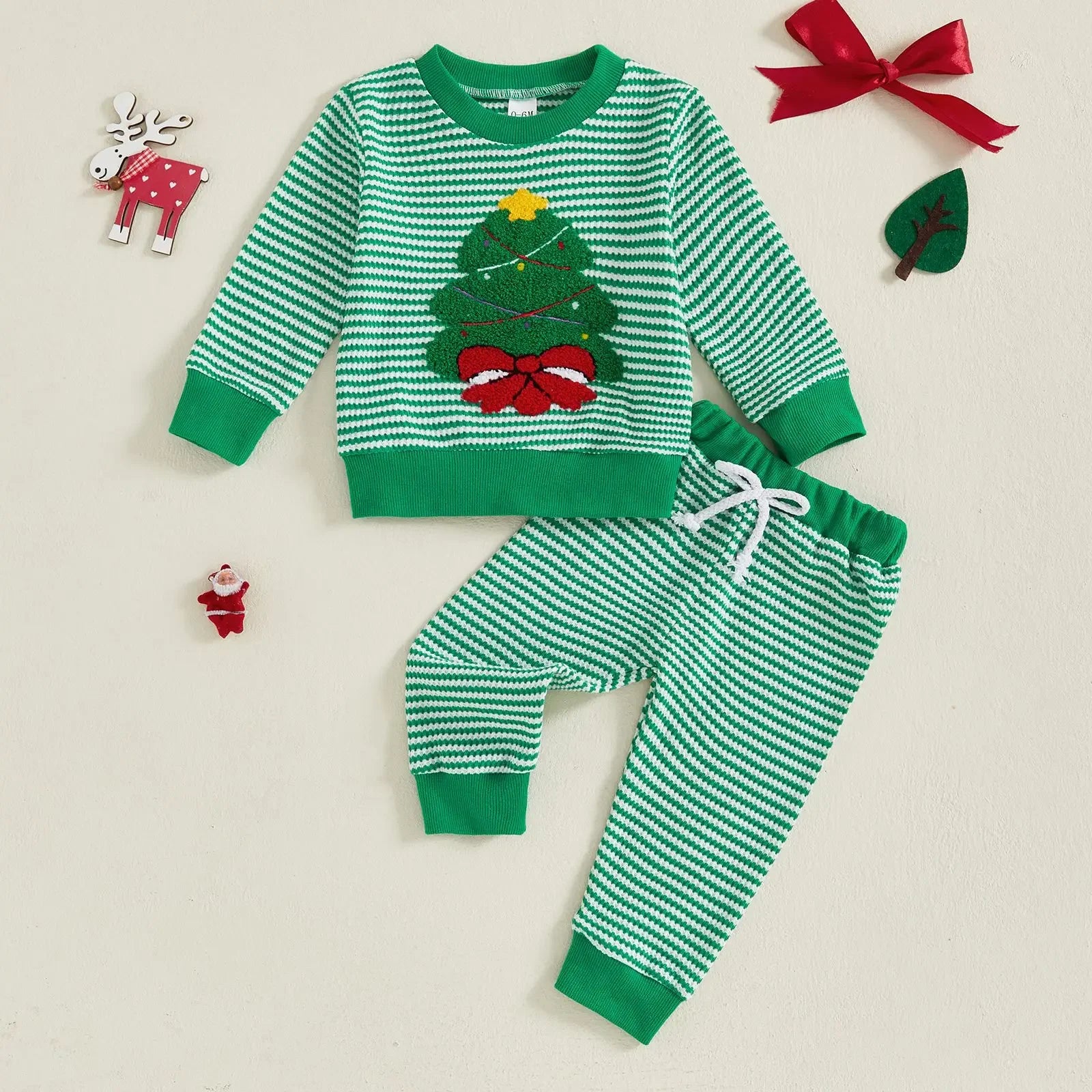 Weihnachts-Baby-Kleidung aus Baumwolle, 2-teiliges Set, 0–3 Jahre, gestreiftes Sweatshirt und Hose für Kleinkinder mit besticktem Weihnachtsbaum-Outfit.