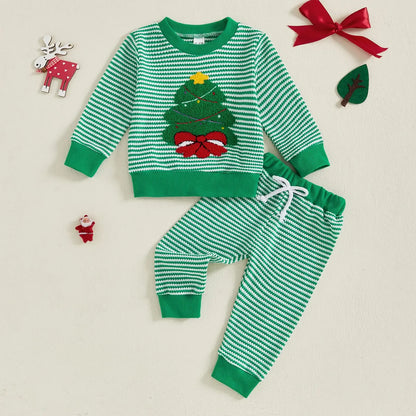 Weihnachts-Baby-Kleidung aus Baumwolle, 2-teiliges Set, 0–3 Jahre, gestreiftes Sweatshirt und Hose für Kleinkinder mit besticktem Weihnachtsbaum-Outfit.