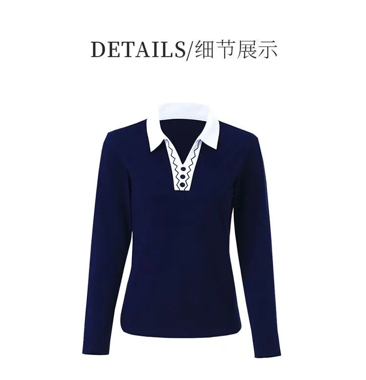 2025 Autumn New Women Clothes Office Lady Simplicity Patchwork Polo-Neck Top Tee Ladies Fashion Loose Buttons Long Sleeve Shirts