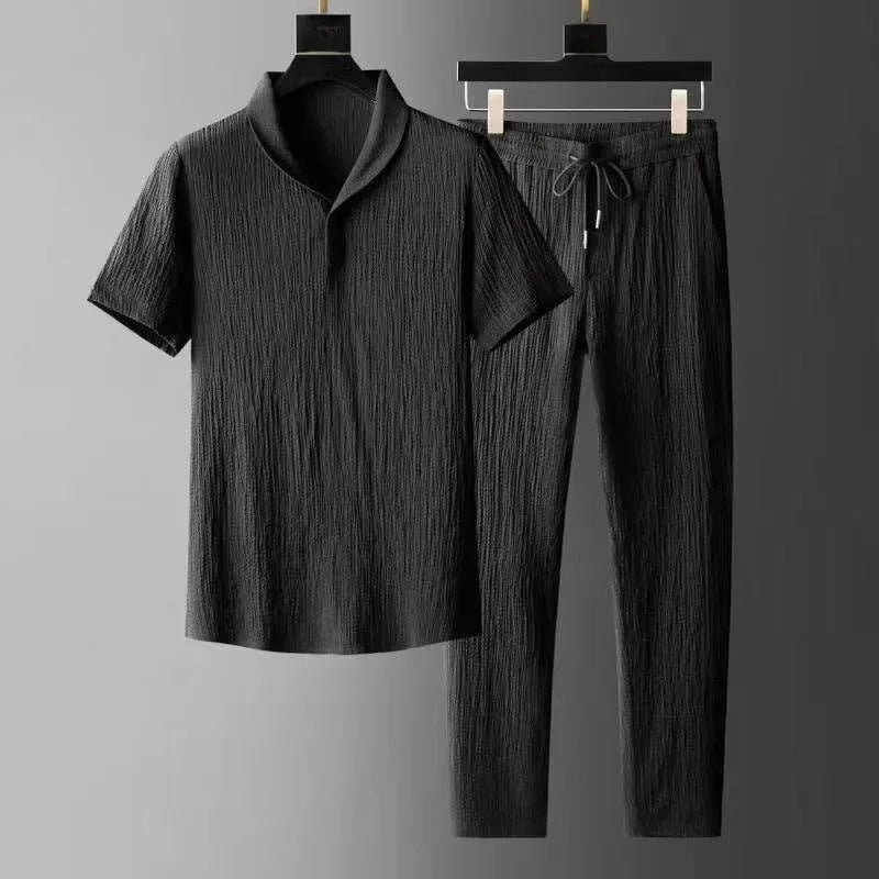 Summer Casual Thin Linen Set Men's Sport Suit Outdoor Wear Short Sleeve Long Pants Two-Piece Set Lightweight Comfortable Fit.