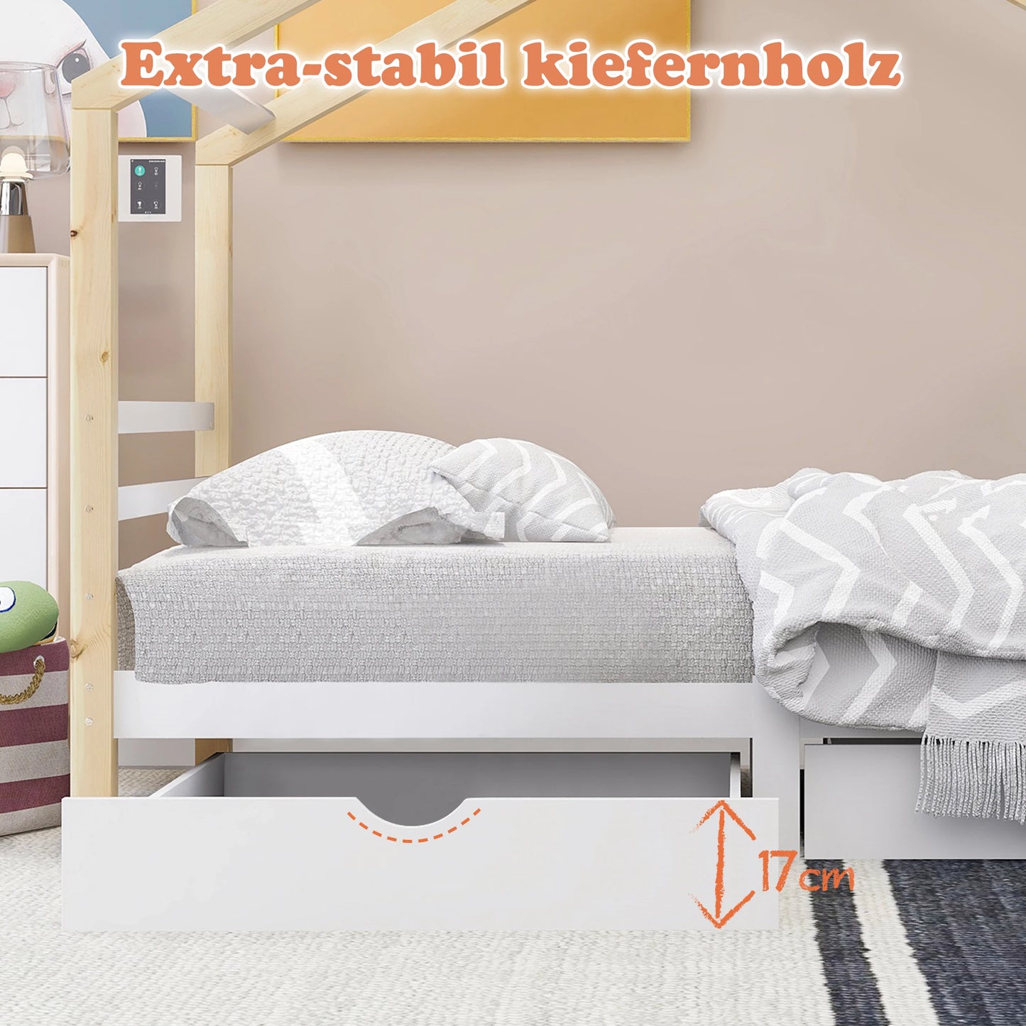 KOMHTOM Kinderbett Hausbett 90x200 cm, Massivholz Kiefernholz mit Schubladen und Lattenrost