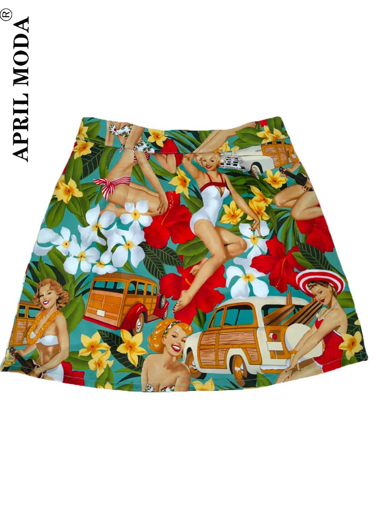 Cotton Y2K Summer Mini Skirts Women Harajuku Pencil Beach Streetwear Vintage Black Floral Print Short A Line Skirt Falda Corta.